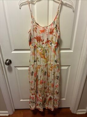 Ranees Floral Spaghetti-Strap Maxi Dress in Cream & Coral w/elastic under chest